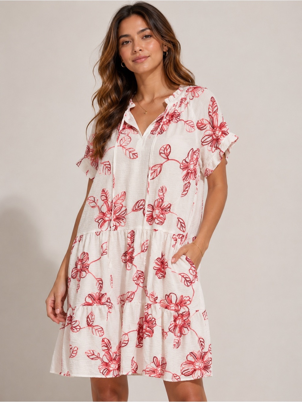 Kindred by Anthropologie | White and Red Floral Short Sleeve Tiered Dress